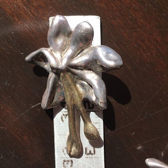 925 Vintage 925 Sterling Large statement clip abstract floral Chunky Earrings 3" - Picture 7 of 15